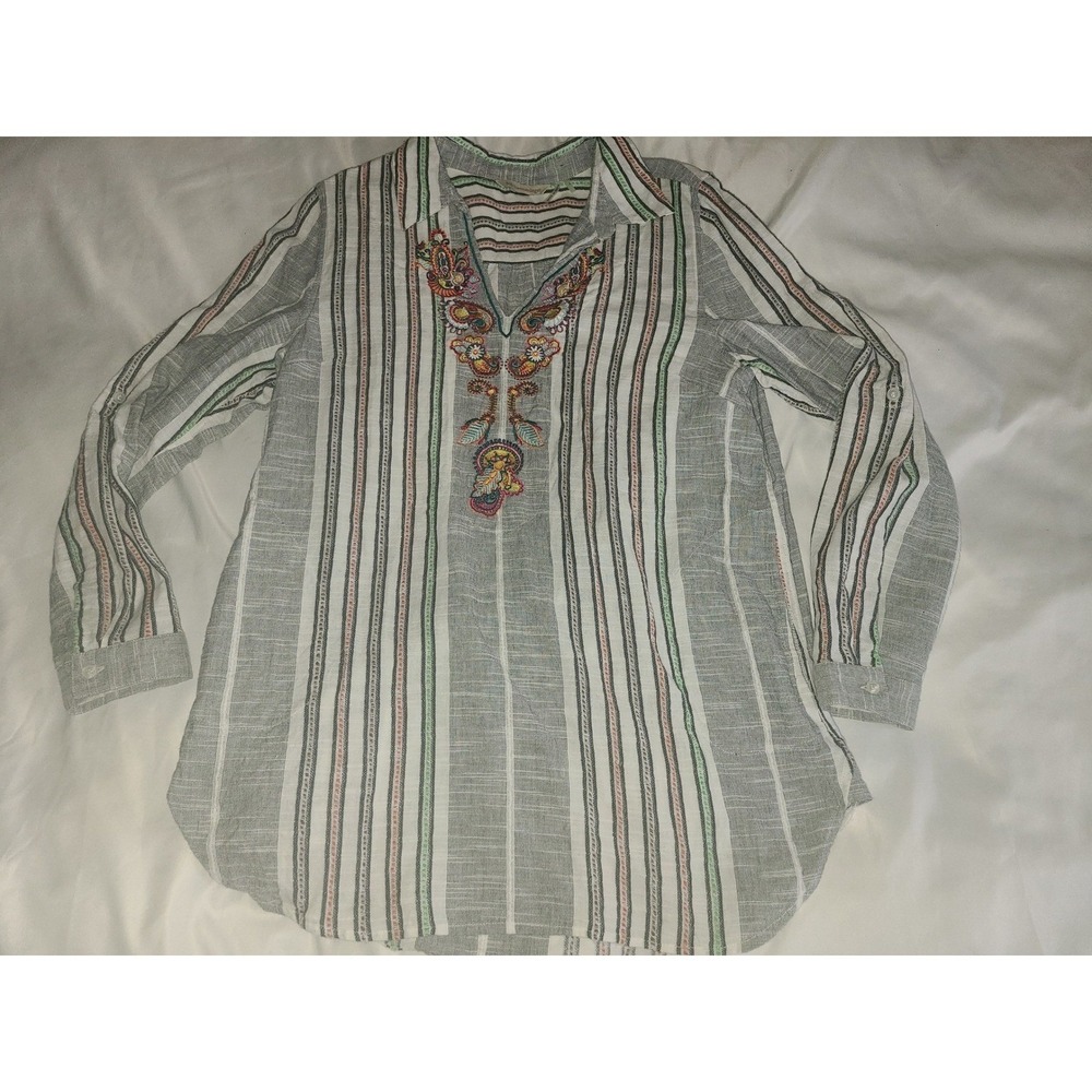 Soft Surroundings Womens Large Embroidered Striped Tunic Top Grey Green L Sleeve